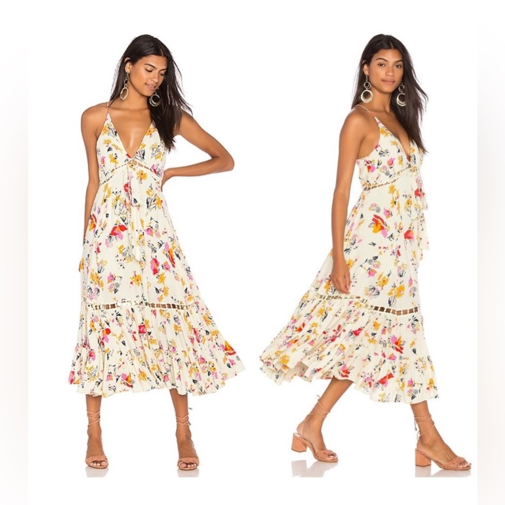 Free People Pages of Gold Floral Midi Dress NWT Boho Festival Style - Medium